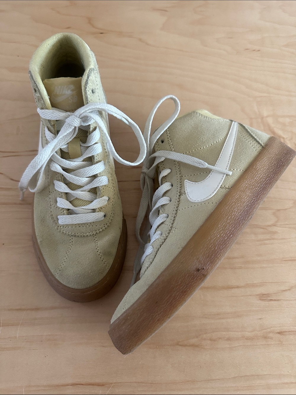 Nike SB Mid-Top Suede Sneakers in Cream Beige with White Swoosh and Gum Sole